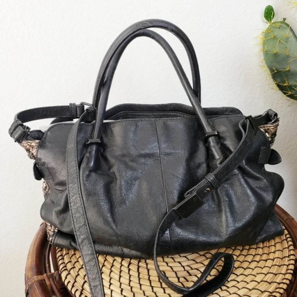 Elliott LUCCA Leather Metallic Woven Detail Slouchy Hobo Bag Large